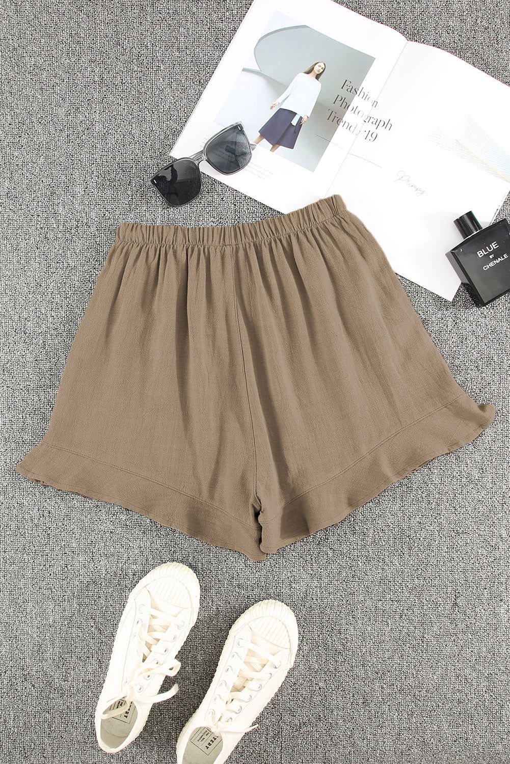 Khaki Casual Pocketed Ruffle High Waist Shorts - Vesteeto