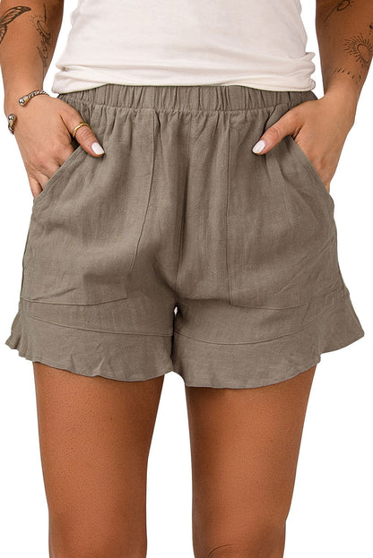 Khaki Casual Pocketed Ruffle High Waist Shorts - Vesteeto