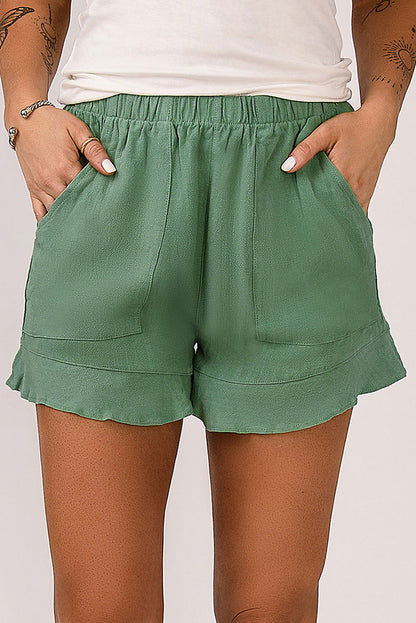 Khaki Casual Pocketed Ruffle High Waist Shorts - Vesteeto