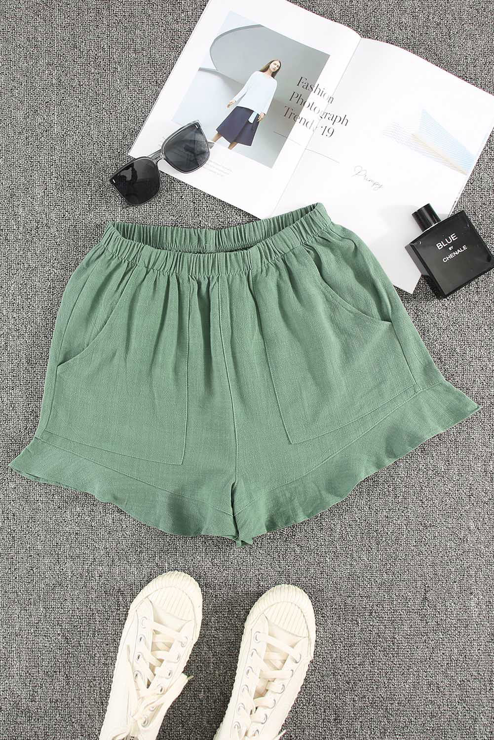 Khaki Casual Pocketed Ruffle High Waist Shorts - Vesteeto