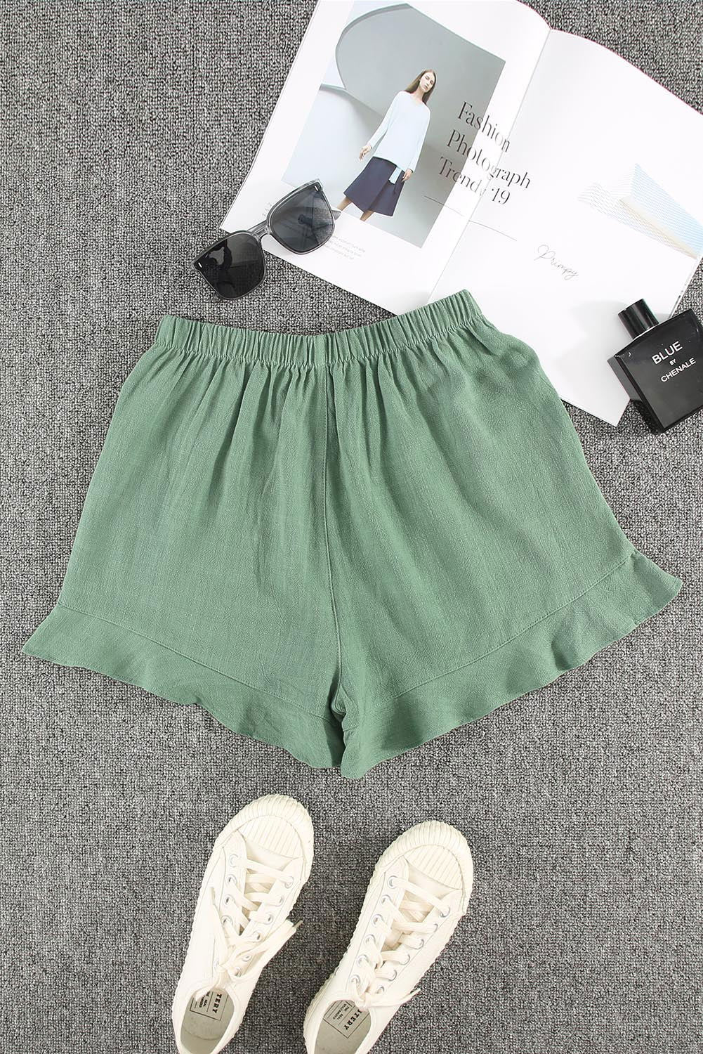 Khaki Casual Pocketed Ruffle High Waist Shorts - Vesteeto