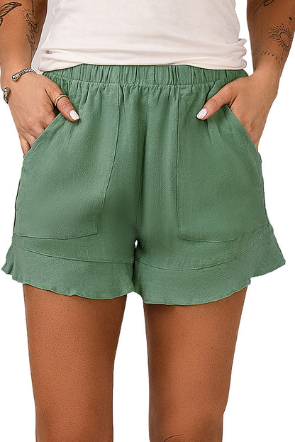 Khaki Casual Pocketed Ruffle High Waist Shorts - Vesteeto