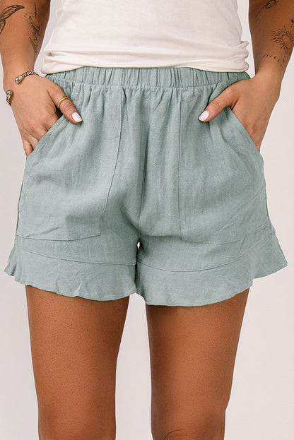 Khaki Casual Pocketed Ruffle High Waist Shorts - Vesteeto