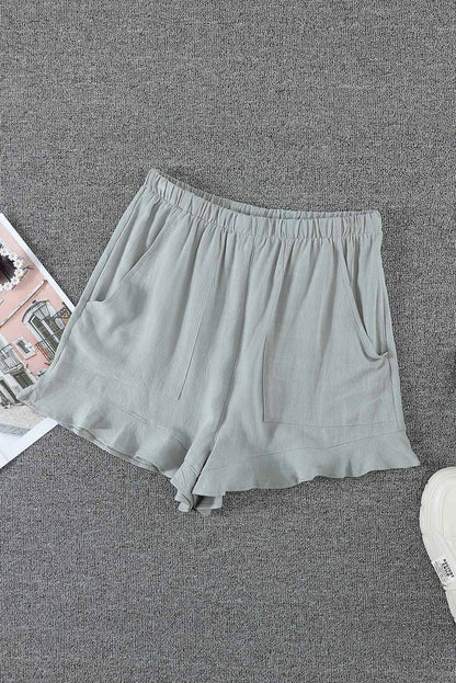 Khaki Casual Pocketed Ruffle High Waist Shorts - Vesteeto