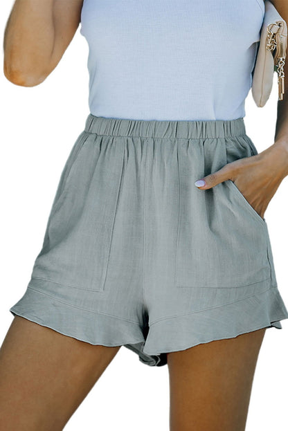 Khaki Casual Pocketed Ruffle High Waist Shorts - Vesteeto