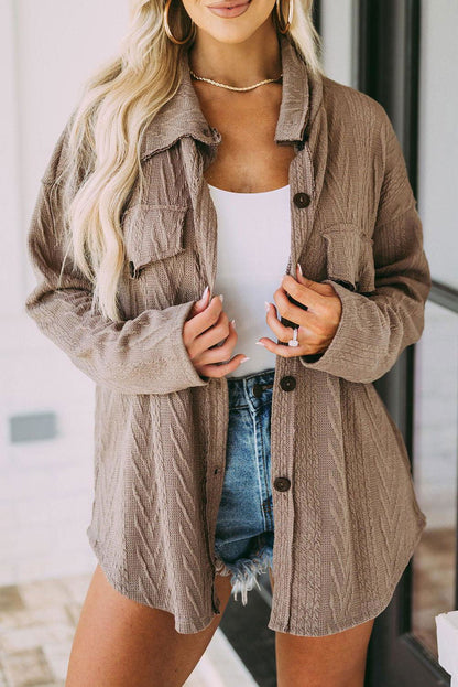 Khaki Casual Textured Button Front Oversized Knit Shacket - Vesteeto