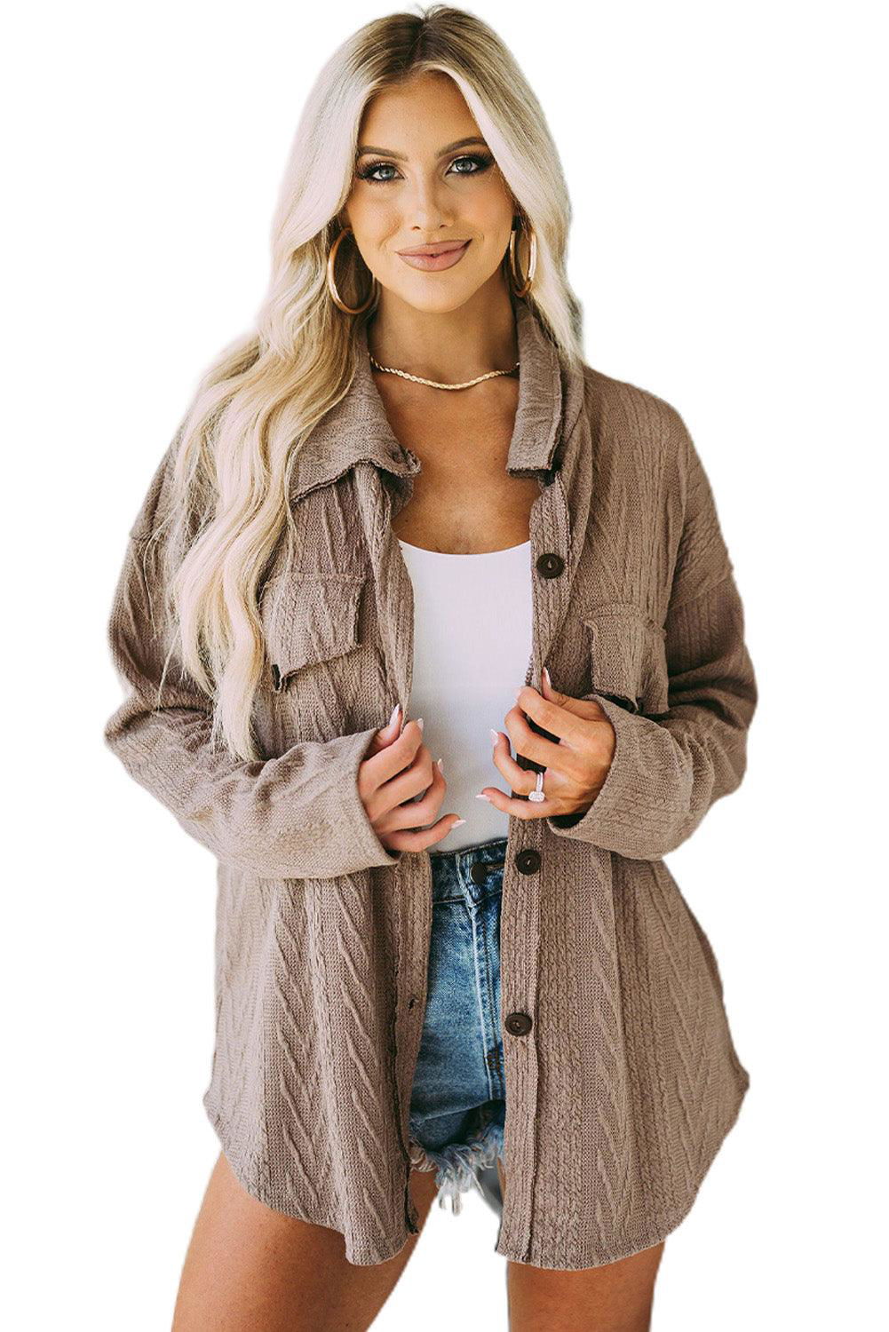 Khaki Casual Textured Button Front Oversized Knit Shacket - Vesteeto