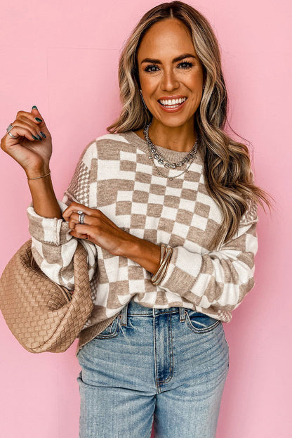 Khaki Checkered Drop Shoulder Round Neck Sweater - Vesteeto