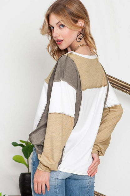 Khaki Color Block Exposed Seam Long Sleeve T Shirt - Vesteeto