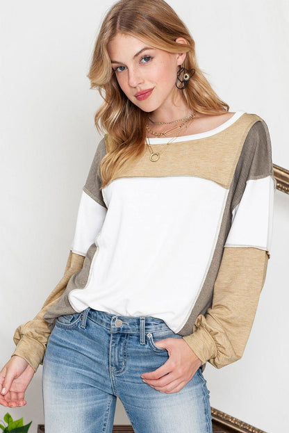 Khaki Color Block Exposed Seam Long Sleeve T Shirt - Vesteeto