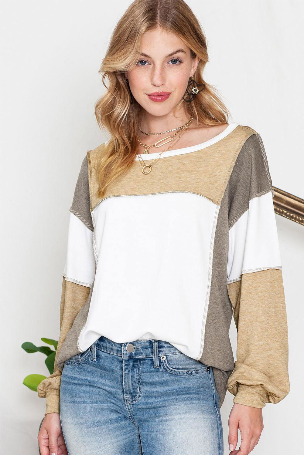 Khaki Color Block Exposed Seam Long Sleeve T Shirt - Vesteeto