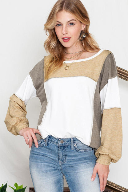 Khaki Color Block Exposed Seam Long Sleeve T Shirt - Vesteeto