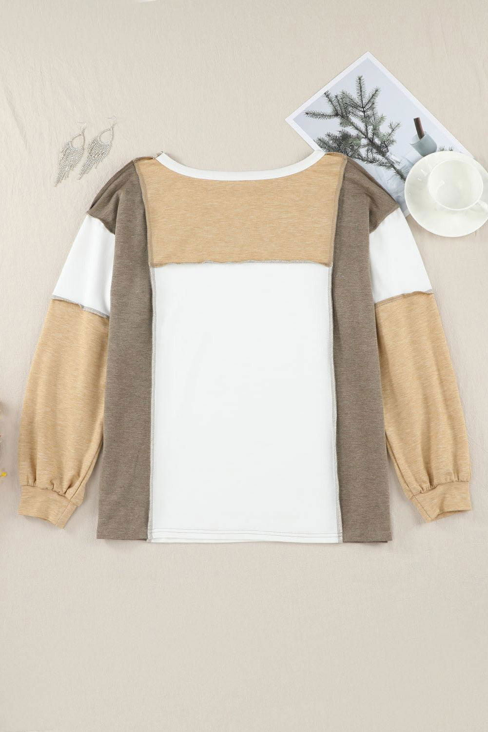 Khaki Color Block Exposed Seam Long Sleeve T Shirt - Vesteeto