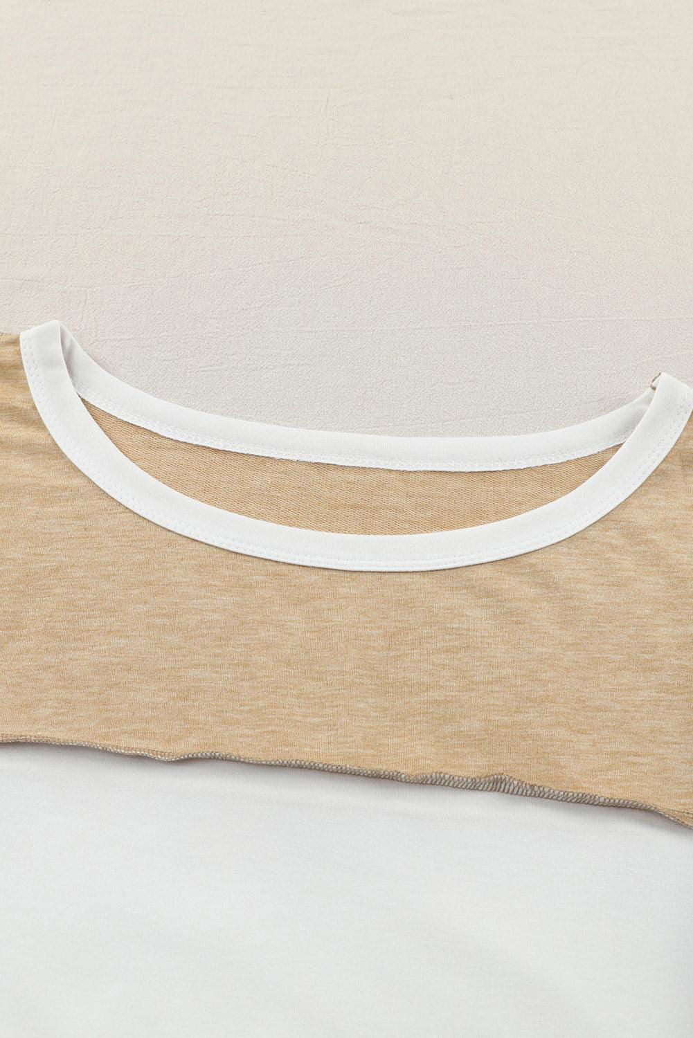 Khaki Color Block Exposed Seam Long Sleeve T Shirt - Vesteeto