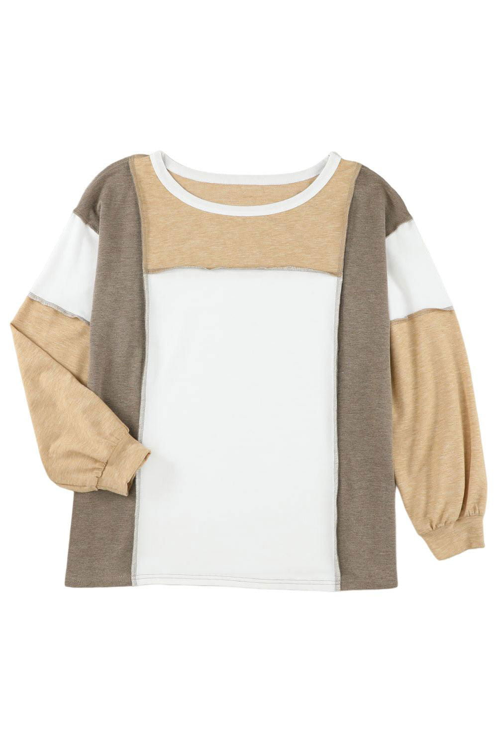 Khaki Color Block Exposed Seam Long Sleeve T Shirt - Vesteeto