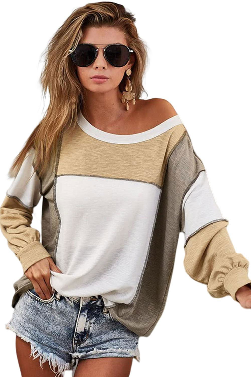 Khaki Color Block Exposed Seam Long Sleeve T Shirt - Vesteeto