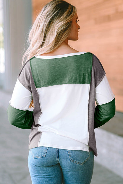 Khaki Color Block Exposed Seam Long Sleeve T Shirt - Vesteeto