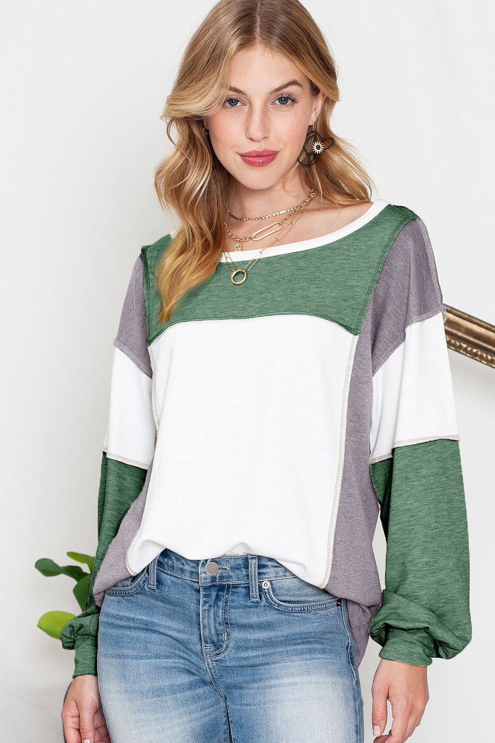 Khaki Color Block Exposed Seam Long Sleeve T Shirt - Vesteeto