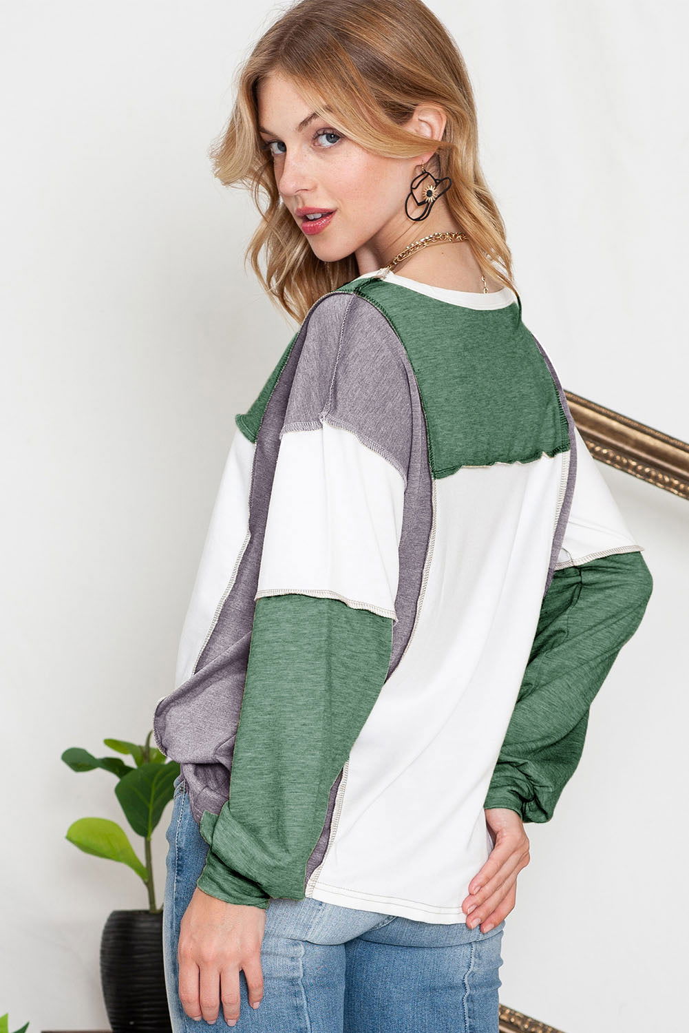 Khaki Color Block Exposed Seam Long Sleeve T Shirt - Vesteeto