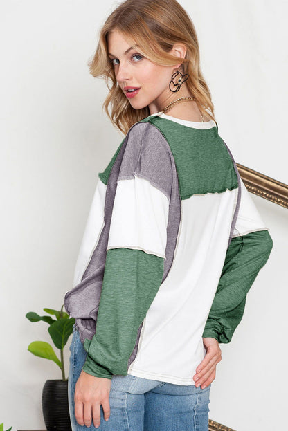 Khaki Color Block Exposed Seam Long Sleeve T Shirt - Vesteeto