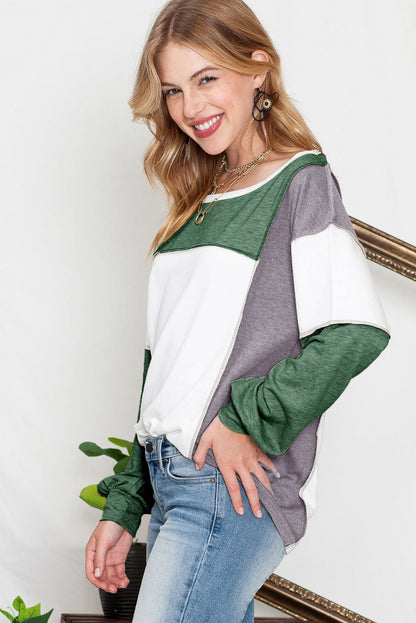 Khaki Color Block Exposed Seam Long Sleeve T Shirt - Vesteeto