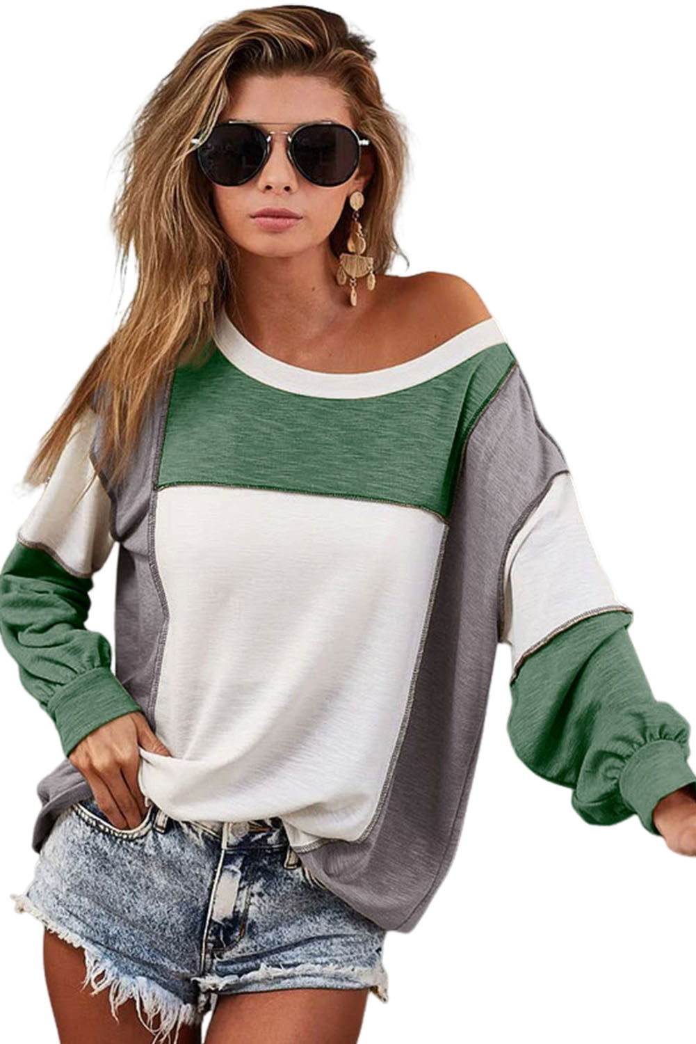 Khaki Color Block Exposed Seam Long Sleeve T Shirt - Vesteeto