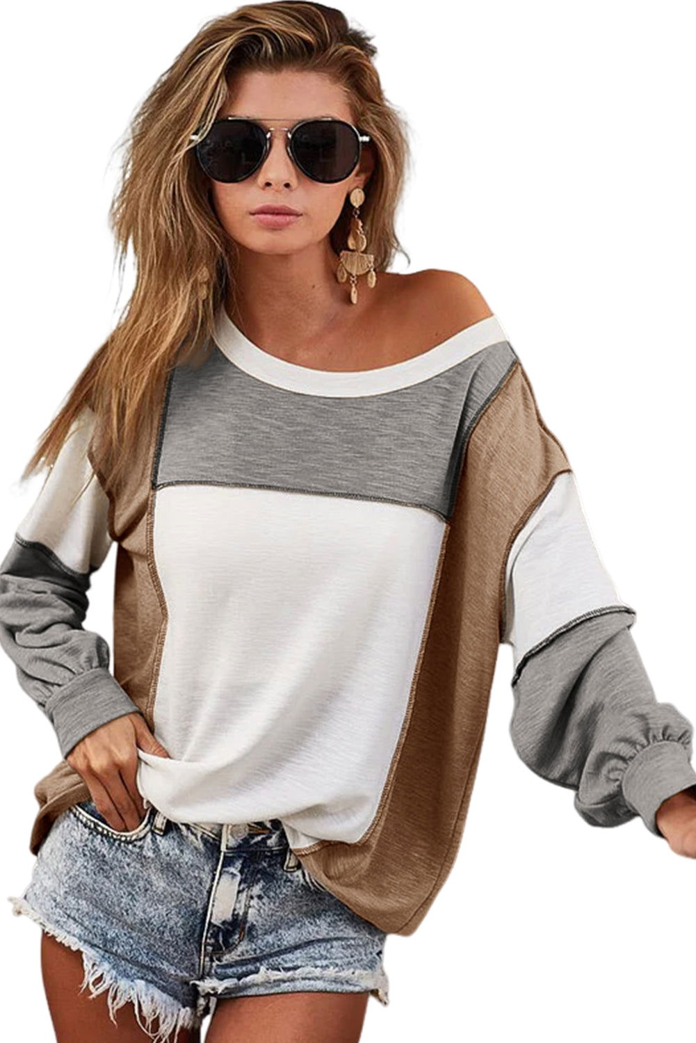 Khaki Color Block Exposed Seam Long Sleeve T Shirt - Vesteeto