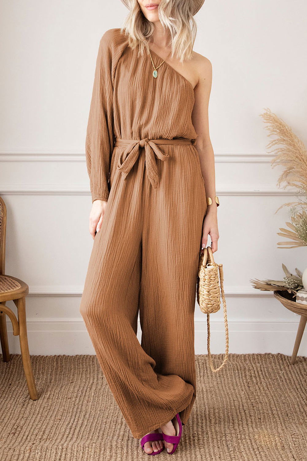 Khaki Crinkled Texture One Shoulder Loose Jumpsuit - Vesteeto