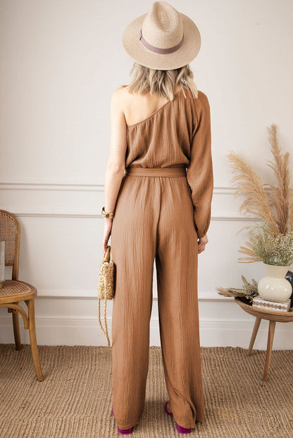 Khaki Crinkled Texture One Shoulder Loose Jumpsuit - Vesteeto