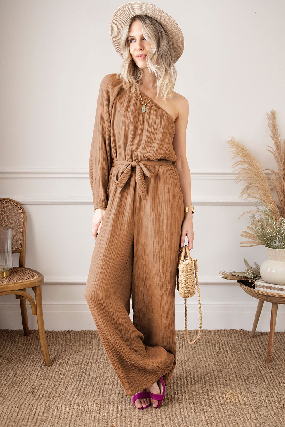 Khaki Crinkled Texture One Shoulder Loose Jumpsuit - Vesteeto