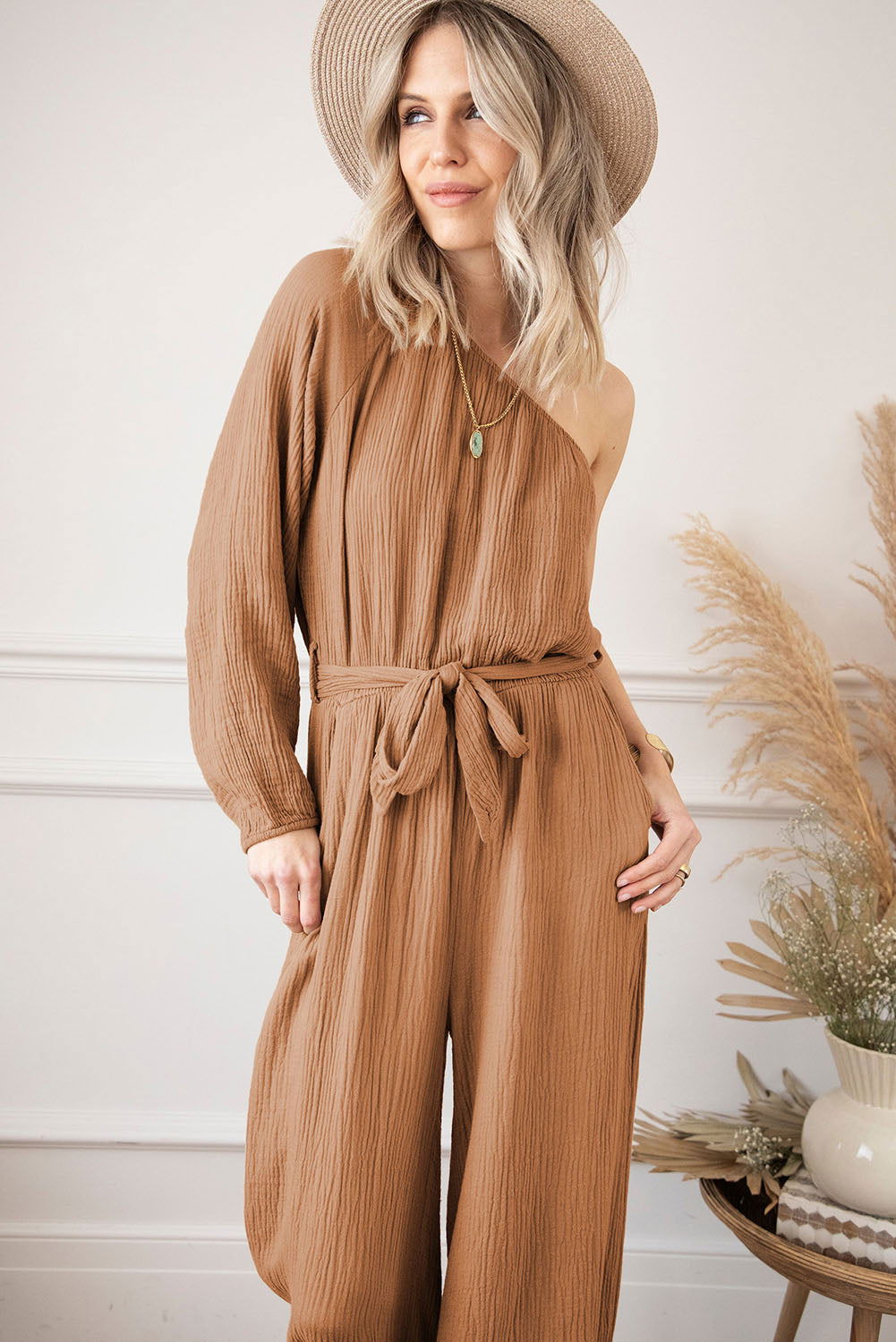 Khaki Crinkled Texture One Shoulder Loose Jumpsuit - Vesteeto