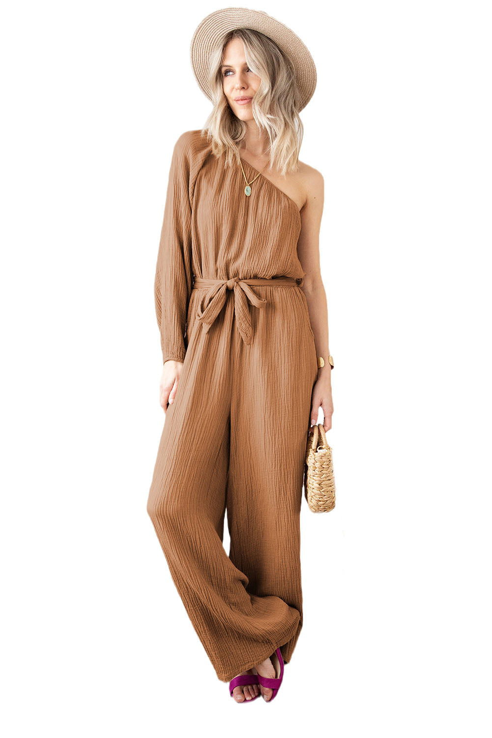 Khaki Crinkled Texture One Shoulder Loose Jumpsuit - Vesteeto