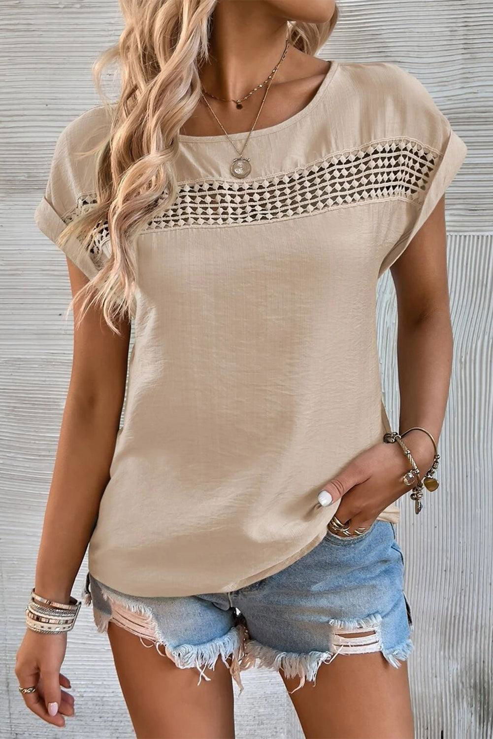 Khaki Crochet Casual Top - Vesteeto