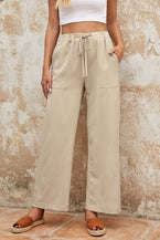 Khaki Drawstring Waist Crinkled Wide Leg Pants - Vesteeto