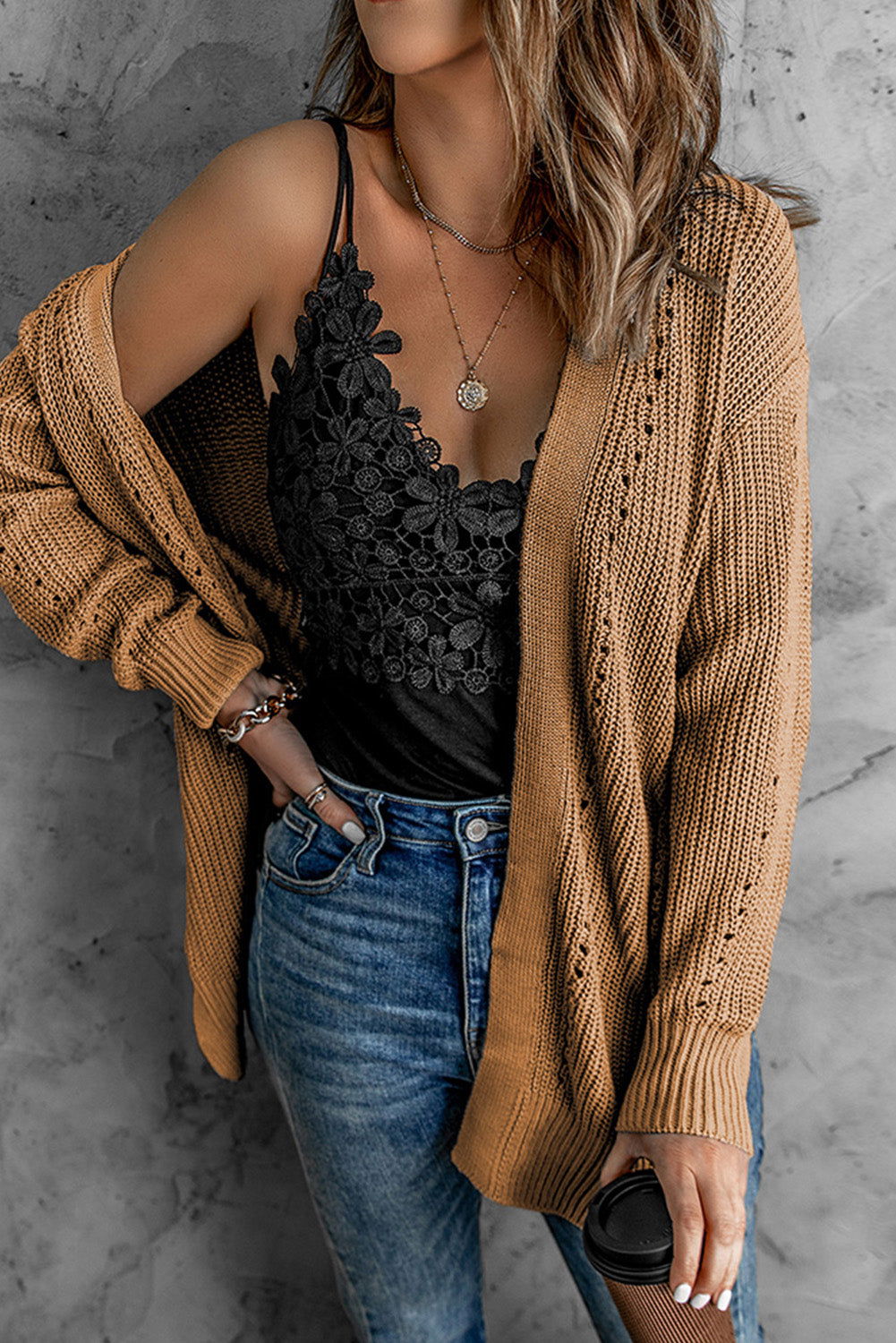 Khaki Fall Long Sleeve Long Cardigan Sweater - Vesteeto