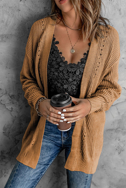 Khaki Fall Long Sleeve Long Cardigan Sweater - Vesteeto