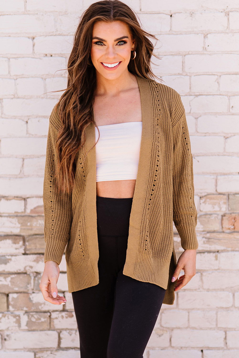 Khaki Fall Long Sleeve Long Cardigan Sweater - Vesteeto