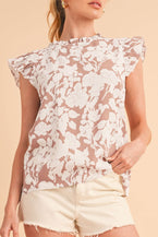 Khaki Floral Print Ruffle Short Sleeve Blouse - Vesteeto