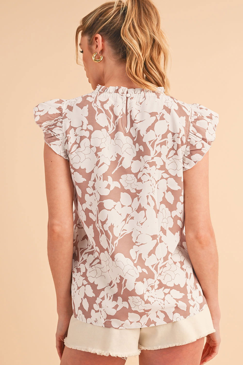 Khaki Floral Print Ruffle Short Sleeve Blouse - Vesteeto