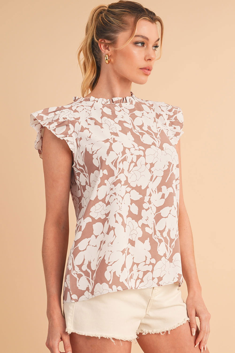 Khaki Floral Print Ruffle Short Sleeve Blouse - Vesteeto