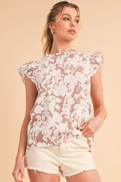 Khaki Floral Print Ruffle Short Sleeve Blouse - Vesteeto