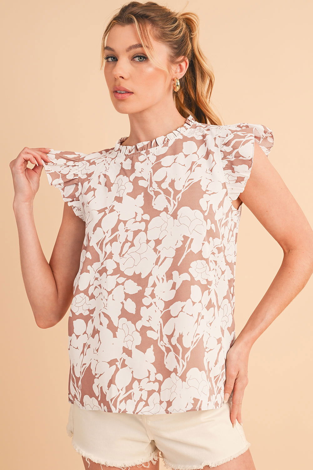 Khaki Floral Print Ruffle Short Sleeve Blouse - Vesteeto