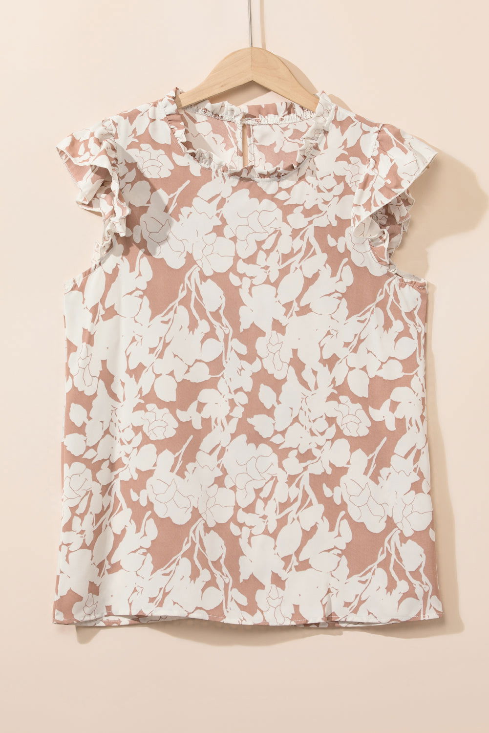 Khaki Floral Print Ruffle Short Sleeve Blouse - Vesteeto