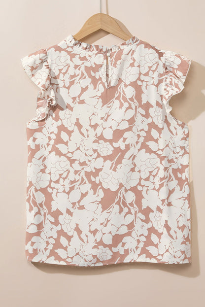 Khaki Floral Print Ruffle Short Sleeve Blouse - Vesteeto