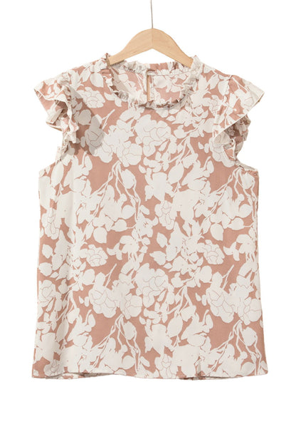 Khaki Floral Print Ruffle Short Sleeve Blouse - Vesteeto