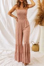 Khaki Floral Spaghetti Straps Smocked Bodice Wide Leg Jumpsuit - Vesteeto