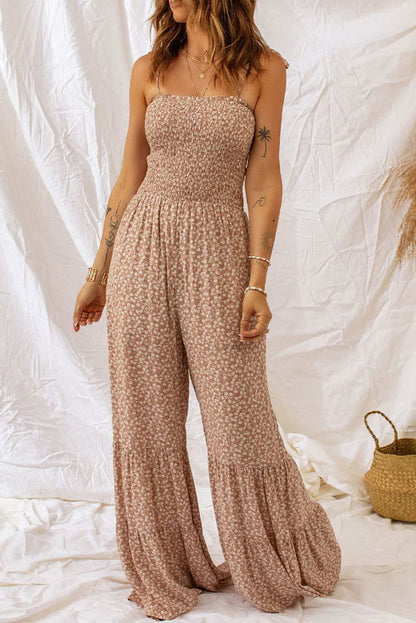 Khaki Floral Thin Straps Smocked Bodice Wide Leg Jumpsuit - Vesteeto