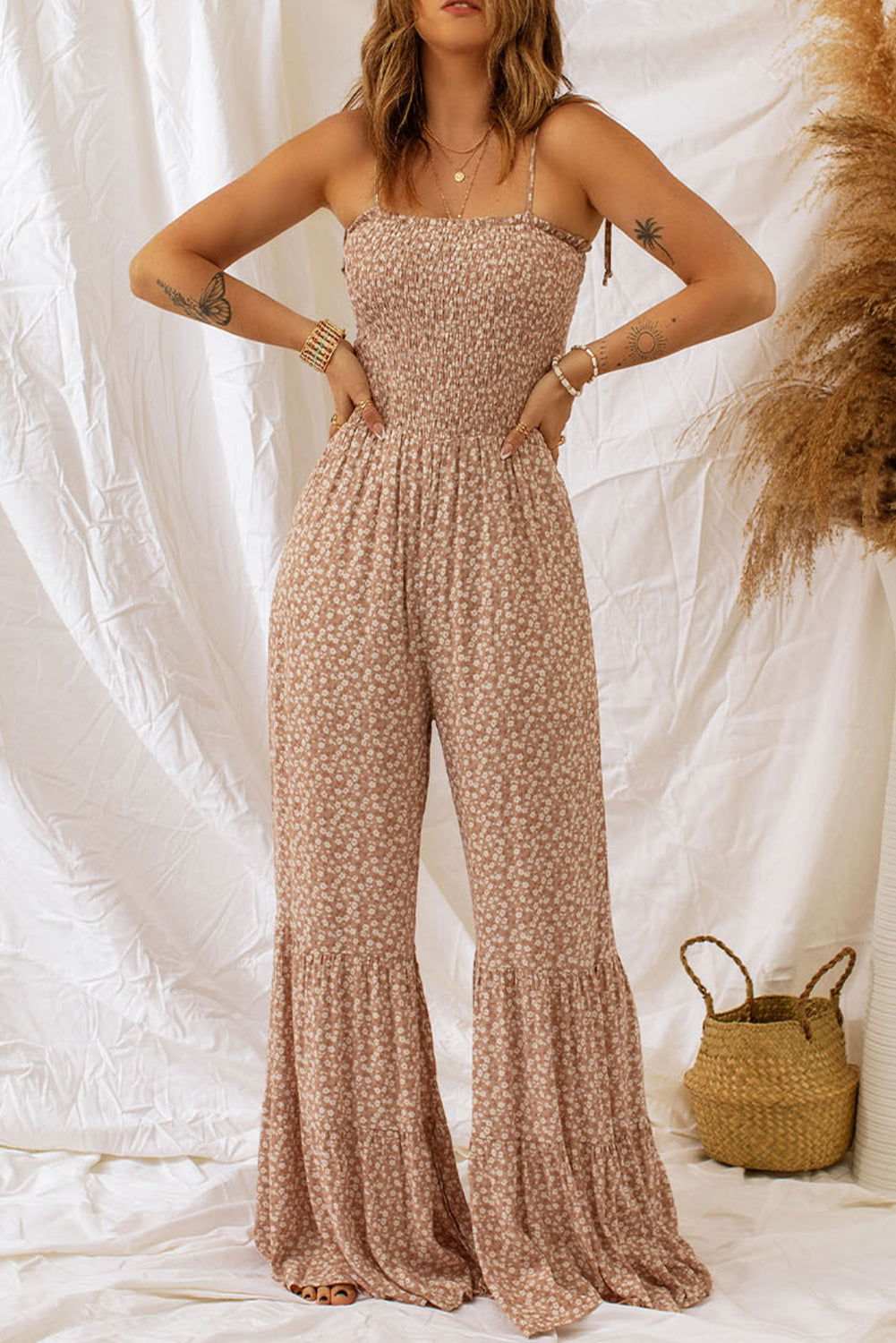 Khaki Floral Thin Straps Smocked Bodice Wide Leg Jumpsuit - Vesteeto