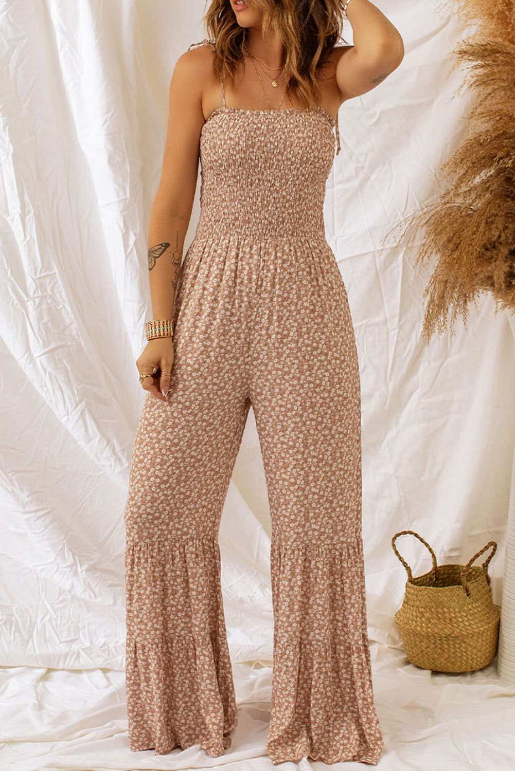 Khaki Floral Thin Straps Smocked Bodice Wide Leg Jumpsuit - Vesteeto