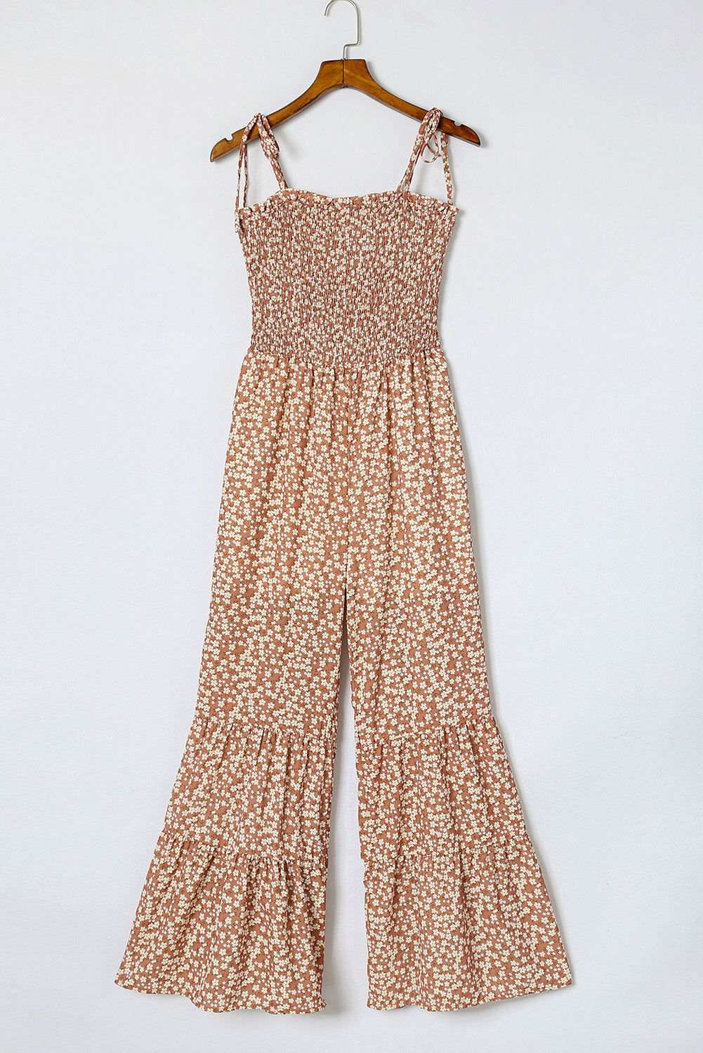 Khaki Floral Thin Straps Smocked Bodice Wide Leg Jumpsuit - Vesteeto